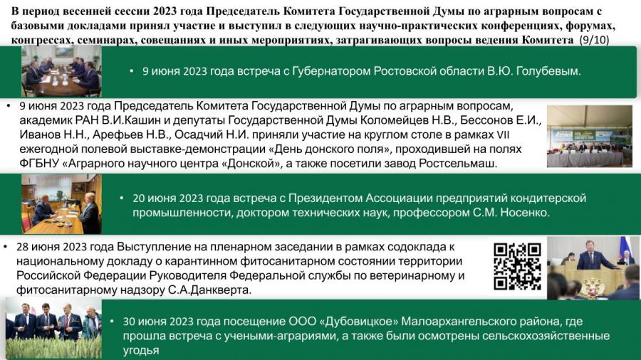 Отчет о работе Комитета Государственной Думы по аграрным вопросам в период весенней сессии 2023 года