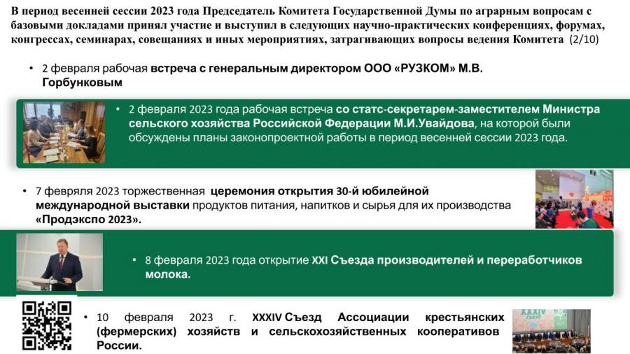 Отчет о работе Комитета Государственной Думы по аграрным вопросам в период весенней сессии 2023 года